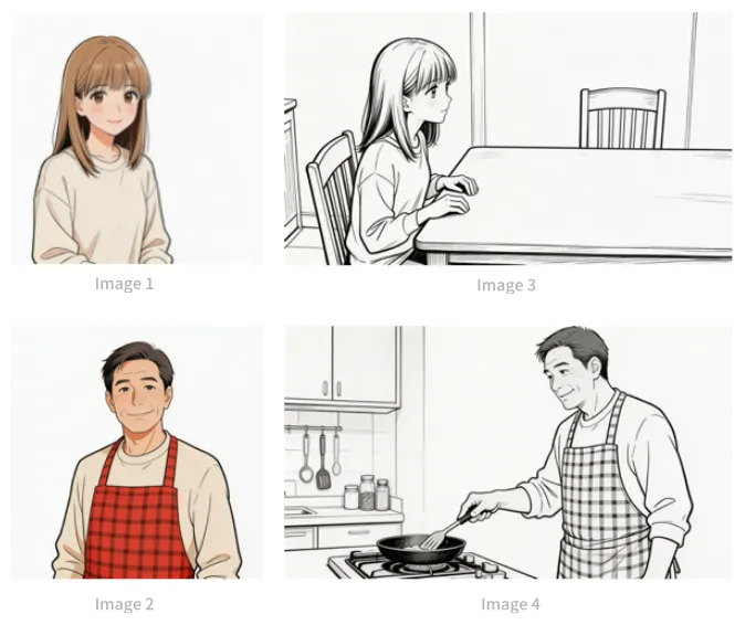 Image 1-4 (Fille, Papa, Panels de Storyboard)